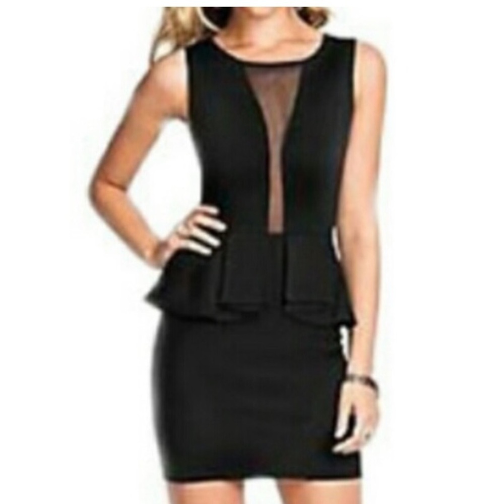 TopShop Mesh Bodycon Peplum Black Mini Dress with Ruffle Skirt - Y2K